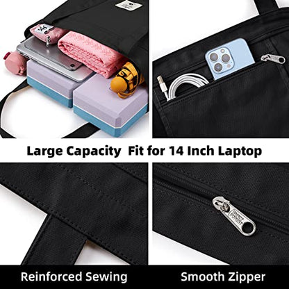 WLLWOO Yoga Mat Carrier Bag for Women Canvas Carryall Tote Gym Pilates | Large Holder Zipper Shoulder for Beach Travel Workout Fitness Office - color: black