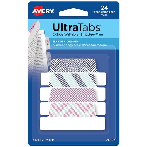 Avery Margin Ultra Tabs, 2.5" x 1", Assorted Color Geometric Designs, 24 Repositionable Page Tabs (74897) - color: Assorted Geometric, style: 24 tabs