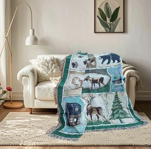 Moose Bear Lodge Woven Tapestry Throw Blanket 50"x60" | Wildlife lodge wall hanging art, jacquard woven, soft travel mat, fringe tassels, multipurpose indoor outdoor use - color: Moose