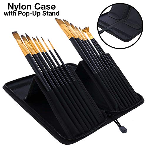 U.S. Art Supply 15 Piece Artist Long Handle Synthetic Paint Brush Set - Multi Functional Watercolor Gouache Oil Acrylic Brush Set in Zippered Nylon Pop-Up Travel Storage Case