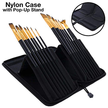 U.S. Art Supply 15 Piece Artist Long Handle Synthetic Paint Brush Set - Multi Functional Watercolor Gouache Oil Acrylic Brush Set in Zippered Nylon Pop-Up Travel Storage Case