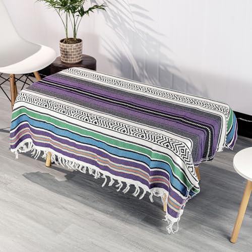 Mexican Blanket Throw with Tassels, 69 x 51 Inches Large Woven Serape Blanket, Boho Striped Picnic Yoga Beach Blanket, Soft Durable Tribal Falsa Blanket for Couch Outdoor Travel - Purple-Blue - color: Purple-blue