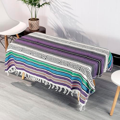 Mexican Blanket Throw with Tassels, 69 x 51 Inches Large Woven Serape Blanket, Boho Striped Picnic Yoga Beach Blanket, Soft Durable Tribal Falsa Blanket for Couch Outdoor Travel - Purple-Blue - color: Purple-blue