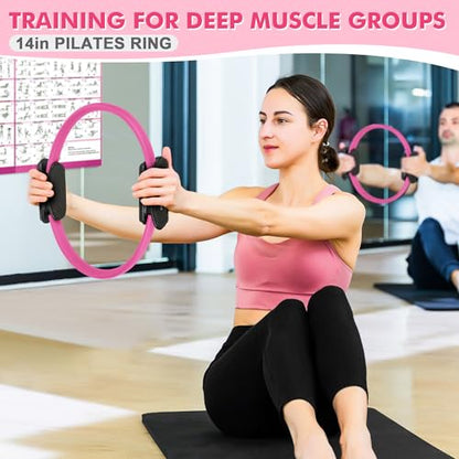 Goocrun Pilates Ring Set Exercise Equipment, with Exercise Resistance Bands Set, Pilates Ball, Sliding Disks. Portable Home Gym - with Fitness Guide Poster - color: Pink, size: Basic-level