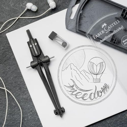 Faber-Castell Geometry & Drawing Set | Quick Set Compass, 3 HB Grip 2001 Graphite Pencils & Dust-Free Eraser Bundle | for Maths, Technical Drawing, Sketching | in Envelope Gift Packaging (Blackstone)