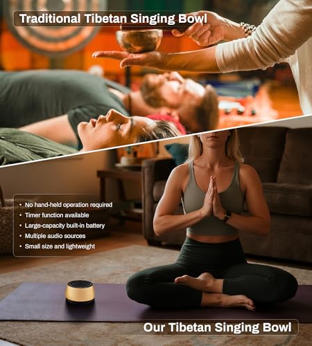 Vangoa Tibetan Singing Bowls Machine - 9 Sound Bowls for Yoga, Meditation, Mindfulness, Healing, Chakra Healing and Stress Relief, Timer and Memory Features, Gold Bronze
