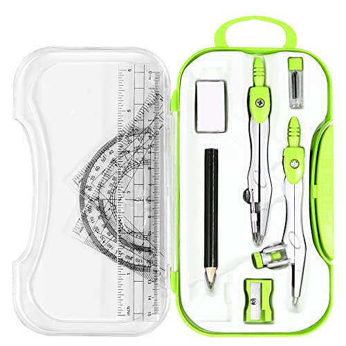Vobou Math Geometry Sets 10 Pcs, Student Supplies Kit, Compass Set (Green） | Shatterproof Storage Box,Rulers,Protractor,Compass,Eraser,Pencil Sharpener,Lead Refills,Pencil,for School and Drawing - color: Green