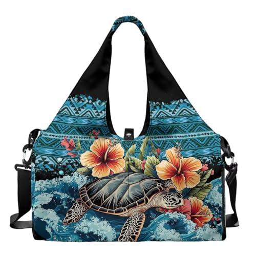 Gym Bag with Yoga Mat Holder Large Tote Bag With Multi Pockets for Women Men Dry Wet Separated Pocket Carryall Yoga Tote Bag for Pilates Travel Workout Office - color: Sea Turtle& flower