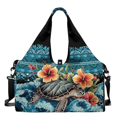 Gym Bag with Yoga Mat Holder Large Tote Bag With Multi Pockets for Women Men Dry Wet Separated Pocket Carryall Yoga Tote Bag for Pilates Travel Workout Office - color: Sea Turtle& flower