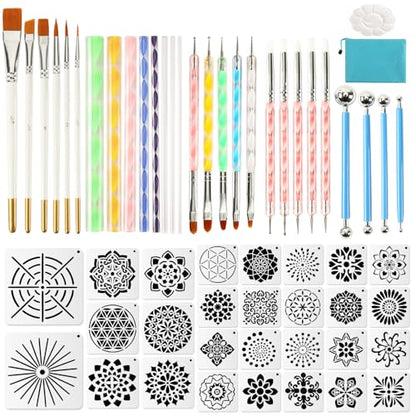 Augshy Mandala Dotting Tools Painting Kit, 58Pcs Dotting Tools for Painting DIY Rock Template Stencils Kit Brush Tray Pen Zipper Bag for Stone Canvas Mandala Arts - style: Mandala Style B
