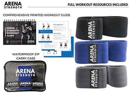 Arena Strength Fabric Booty Bands - Fabric Exercise Bands for Legs and Butt | Fabric Resistance Bands | Hip Resistance Bands with Workout Guide and Carry Case - color: Gray, Blue, Black