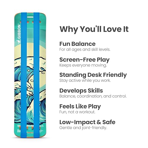 GIBBON SlackBoard, Balance Board Kids & Adults, Slackline Balance Trainer | 1 & 2 Line Options, Slack Board, Core Workout Equipment, Home Gym Training, Standing Desk Exercise, Yoga, Agility, Pilates - color: Waves Plus - 2 Line