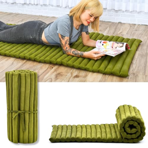 Leewadee - Foldable Floor Mattress - Japanese Roll Up Futon -Trifold Tatami Mat- Guest Floor Bed - Camping Mattress - Thai Massage Mat, Kapok Filled, 75 x 28 inches, Green - color: Cl23 - Green, size: M: 75x28"