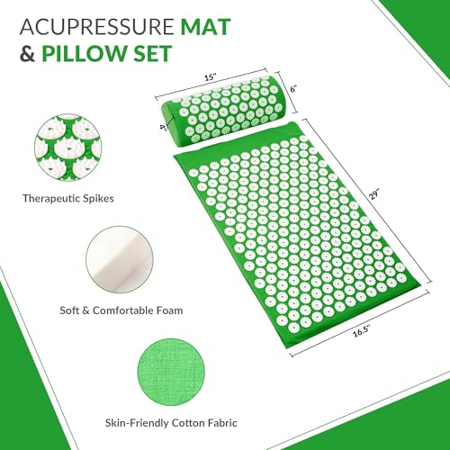 Fitvids Acupressure Mat and Pillow Set for Back/Neck Pain, Acupuncture Products to Relieve Muscle Fatigue, Improve Insomnia for Sedentary People, Acupuncture Eases Stress, Massage Mat, Green - style: Forest Green