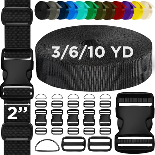 TECEUM 2" Nylon Strap Kit with Buckles, Black 6 yards Repair Set | Heavy duty hardware kit: 6yd webbing, 6 quick release buckles, 12 tri-glide slide clips, 6 metal D-rings for crafting. - color: Black, size: 2" - 6 yards, style: 6 Buckle - 12 Slides - 6 D