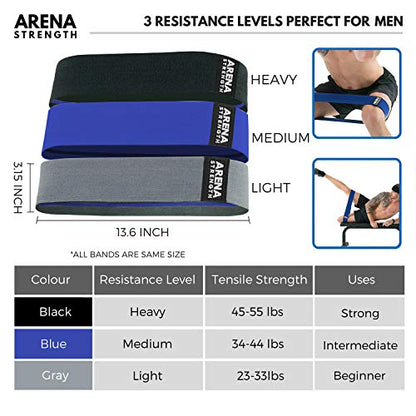 Arena Strength Fabric Booty Bands - Fabric Exercise Bands for Legs and Butt | Fabric Resistance Bands | Hip Resistance Bands with Workout Guide and Carry Case - color: Gray, Blue, Black