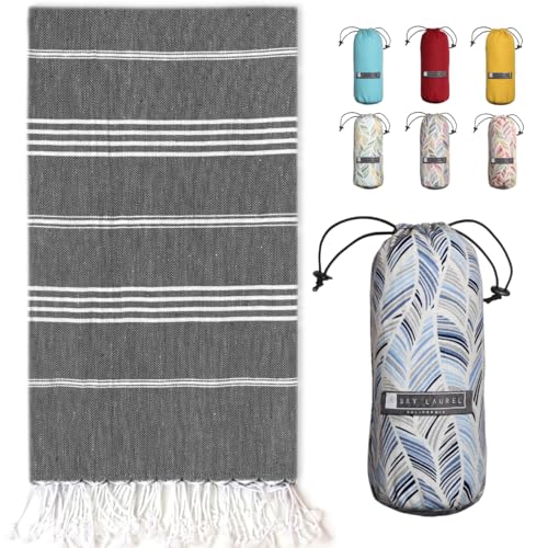 BAY LAUREL Turkish Beach Towel with Travel Bag 39 x 71 Quick Dry Sand Free Lightweight Large Oversized Towels Light - color: Black With Blue Floral Bag