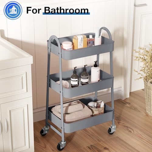 OLIXIS Metal Rolling Storage Utility Cart with Lockable Wheels 3 Tiers - color: Light Gray, size: 3-Tiered 17 inches