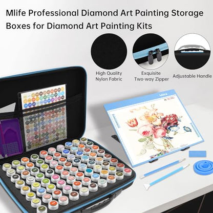 Mlife Diamond Art Painting Storage Boxes,1 Diamond Painting A4 Light Box Tracing Light Board with 3 Brightness, 80 Slots Bead Storage with 5D Diamond Art Accessories and Tools Kit（Blue） - color: blue