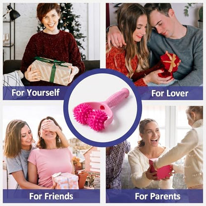 Handheld Spiky Massage Balls Rollers, 2 Wheel Spiky Silicone Manual Massage Roller with Ergonomic Handle, Portable Pressure Point Muscle Massages Tool for Foot Arm Body Neck Leg Pain Pressure Relief - color: Pink