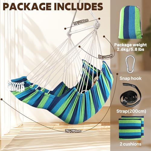Chihee Hammock Chair Foot Rest 2 Cushions Max 485 lbs Metal Spreader Bar | Robust Hanging Chair Soft Cotton Blended Swing Collapsible Easy Storage Strong Strap Iron Carabiner Pocket Indoor Outdoor - color: Blue/Green Stripes
