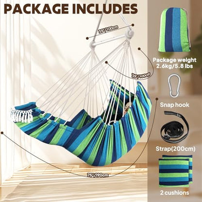 Chihee Hammock Chair Foot Rest 2 Cushions Max 485 lbs Metal Spreader Bar | Robust Hanging Chair Soft Cotton Blended Swing Collapsible Easy Storage Strong Strap Iron Carabiner Pocket Indoor Outdoor - color: Blue/Green Stripes