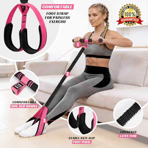 KUTIZE Multifunction Pedal Resistance Band with Handle, Upgraded Exercise Equipment with Soft Foot Pedal for Sit Up & Full-Body Home Gym Workouts, Core/ABS Training, Pilates, Yoga & Physical Therapy - color: 3-Pink-60LBS