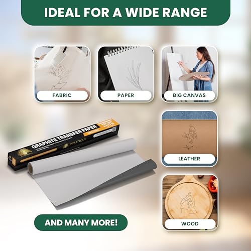 MyArtscape Graphite Transfer Paper Roll, Wax-Free, 17" x 15ft Paper Roll with Graphite Transfer Paper, 20 White Sheets - Erasable - Smudge-Free