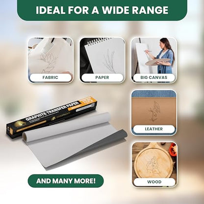 MyArtscape Graphite Transfer Paper Roll, Wax-Free, 17" x 15ft Paper Roll with Graphite Transfer Paper, 20 White Sheets - Erasable - Smudge-Free