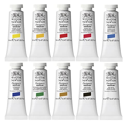 Winsor & Newton Designers' Gouache Introductory 10-Tube Paint Set, 14ml,Blue,green,ivory,white | Opaque matt colour, perfect for creating bold, vibrant artworks. Popular with designers, illustrators and commercial artists. - style: Introductory Set 10 x 1