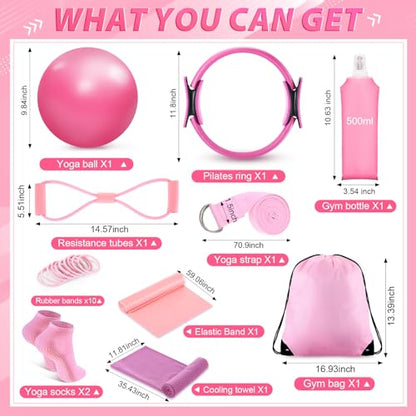 Halloscume 24 Pcs Pilates Kit, Home Pilate Equipment for Women, Pilates Ring and Ball Set with Stretching Strap, Water Bottle, Magic Circle, Yoga Ring, Gym Bag, Resistance Band, Anti Slip Sock - color: Pink