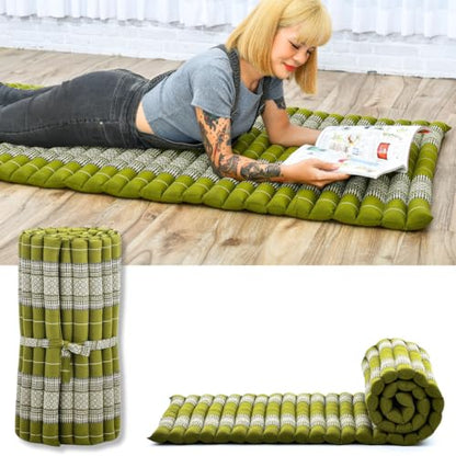 Leewadee - Foldable Floor Mattress - Japanese Roll Up Futon -Trifold Tatami Mat- Guest Floor Bed - Camping Mattress - Thai Massage Mat, Kapok Filled, 75 x 28 inches, Green | Foldable and breathable mattress for sleeping, yoga, meditation & massage. Ideal