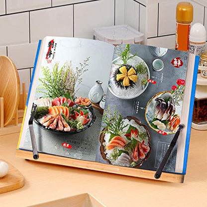 wishacc Bamboo Book Stand for Reading, 13.2" x 9.2" Premium Wooden Cookbook Holder and Recipe Stand for Kitchen Counter, Foldable Adjustable Desk Easel with 5 Angles for Textbooks, Sheet Music, Tablet - size: 13.2 x 9.2 inches