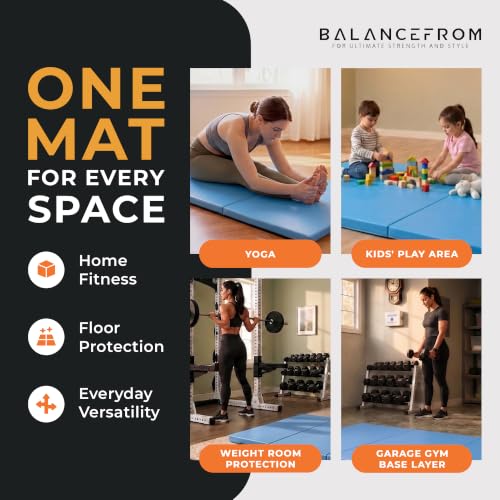 BalanceFrom 6x2 Feet 3-Panel Folding Gymnastics Mat – 2-Inch Thick Pad with Vinyl Surface and Carrying Handles for Tumbling, Yoga, Pilates, Home Workouts, and Martial Arts - color: Blue