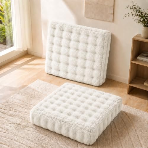JKMAX 2 Pcs High Density Foam Floor Pillow - Upgraded Large Pillows Seating for Adults - Outdoor Floor Cushion with Soft Tufted Cover - Yoga Pillows for Sitting On Floor - 22 Inch Almond White - color: Almon White, size: 2 Counts