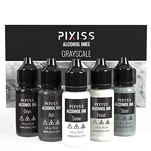 Pixiss Grayscale Alcohol Ink Set - 5 Shades of Highly Saturated Alcohol Ink for Epoxy Resin Supplies, Yupo Paper, Tumblers, Coasters - Resin Colorant for Epoxy Resin and Resin Art Supplies - color: White
