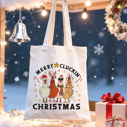 Kazova Merry Cluckin Tote Bag Funny Christmas Chicken Tote Bag for Women Xmas Holiday Canvas Handbag with Long Handles Reusable Grocery Shopping Beach Cotton Handbag - color: Cluckin