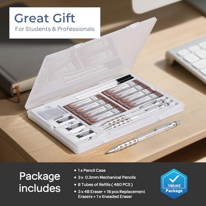Nicpro 3 Pack Blocky Gear 0.3 mm Metal Mechanical Pencils Set with Case | Lead Drafting Pencil with 8 Tube (480PCS) Lead Refills, 4 Erasers, 18 Eraser Refills for Art Writing, Sketching Drawing - style: 0.3mm