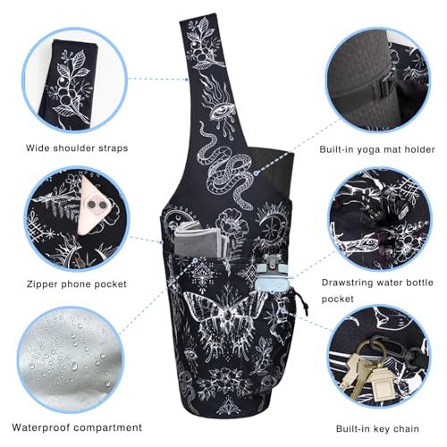 Yoga Mat Bag - Large Opening Long Tote Yoga Mat Carrier Holder Bag with Waterproof Wet Zipper Pocket and Drawstring Water Bottle Pocket - Yoga Bag Fit Most Size Mats - color: Boho Witchcraft
