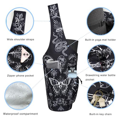Yoga Mat Bag - Large Opening Long Tote Yoga Mat Carrier Holder Bag with Waterproof Wet Zipper Pocket and Drawstring Water Bottle Pocket - Yoga Bag Fit Most Size Mats - color: Boho Witchcraft