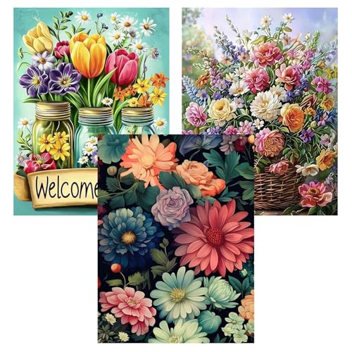 Ekuxom 3 Pack Diamond Art Kits for Adults-Flowers Diamond Painting | 5D DIY Full Round Drill Diamonds Gem Art Set for Home Wall Decor 12x16inch - color: Flowers