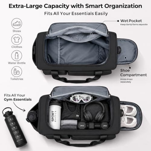 FIORETTO Women's Gym Duffle Bag with Shoes Compartment, 30L Capacity, Ideal for Travel, Gym, Sports, Duffel, Weekender - color: Black, style: Gym Bag