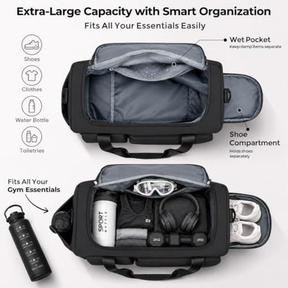 FIORETTO Women's Gym Duffle Bag with Shoes Compartment, 30L Capacity, Ideal for Travel, Gym, Sports, Duffel, Weekender - color: Black, style: Gym Bag