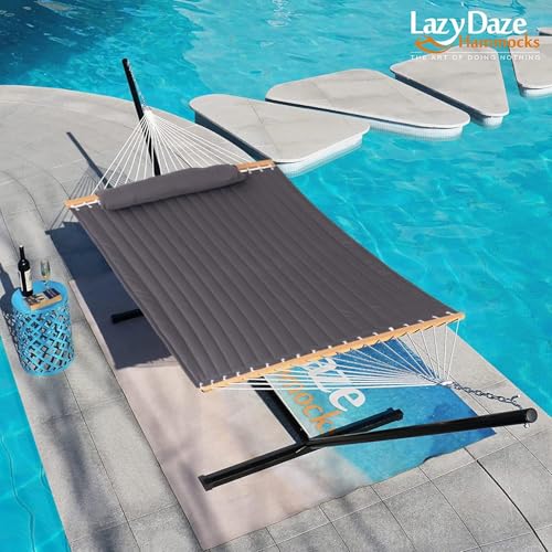 Lazy Daze 12 FT Double Quilted Hammock with Spreader Bar for Outside, Gray | 2 Person Heavy Duty Hammock with Detachable Pillow and Carabiners for Outdoor Backyard Poolside, 450lbs Weight Capacity - color: Dark Gray