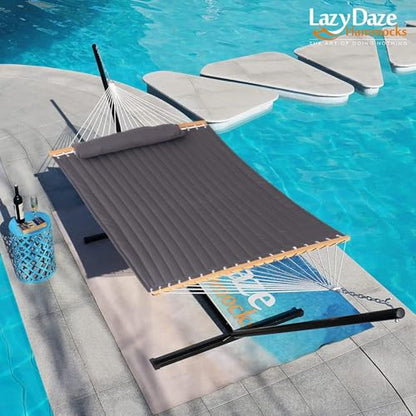 Lazy Daze 12 FT Double Quilted Hammock with Spreader Bar for Outside, Gray | 2 Person Heavy Duty Hammock with Detachable Pillow and Carabiners for Outdoor Backyard Poolside, 450lbs Weight Capacity - color: Dark Gray