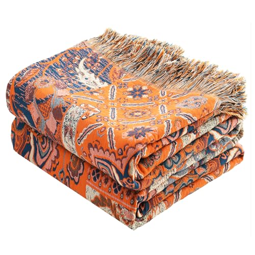 VANJOROY Boho Throw Blanket for Bed Couch 50" x 60", 100% Organic Cotton Skin-Friendly Ultra Soft Quilt Orange Throw - Floral Rustic Room Decor Luxury Reversible Blanket for Sofa Chair and Gift - color: Boho-flower-h, size: Throw (50" X 60")
