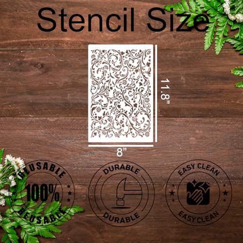 Stencils for Crafts Reusable Texture Stencils for Painting 12"x8" | Floral Leaf Stencil for Painting on Wood Canvas Furniture Cards Scrapbook - style: Floral