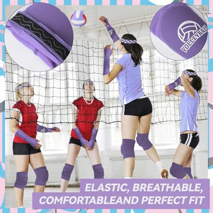 6 Pcs Volleyball Accessories, Include Volleyball Knee Pads Arm Sleeves Drawstring Bag Softball Headbands Volleyball Protection Equipment Gifts - color: Purple, size: X-Large
