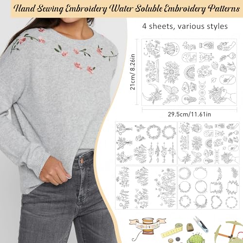 Stick & Stitch Embroidery Transfer Paper - Embroidery Paper Wash Away, 4 Sheet Water Soluble Stabilizer for Embroidery, Flower Frame Butterfly Mushroom Moon Arrow Flower, Hand Sewing Crafts - style: boho 1306