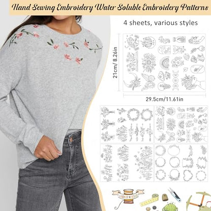 Stick & Stitch Embroidery Transfer Paper - Embroidery Paper Wash Away, 4 Sheet Water Soluble Stabilizer for Embroidery, Flower Frame Butterfly Mushroom Moon Arrow Flower, Hand Sewing Crafts - style: boho 1306